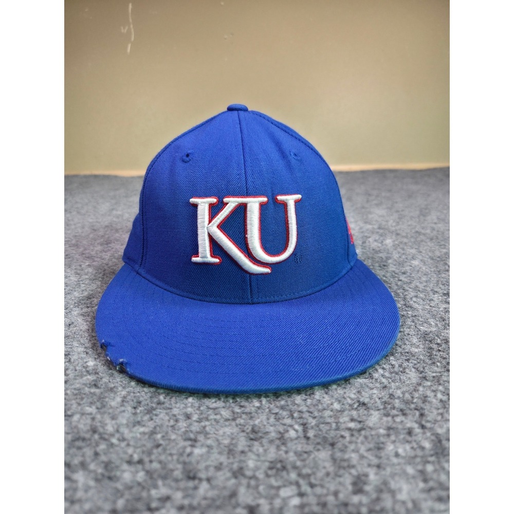Kansas Jayhawks Fitted Hat Mens OSFA Adidas Blue Flat Brim Embroidered Logo